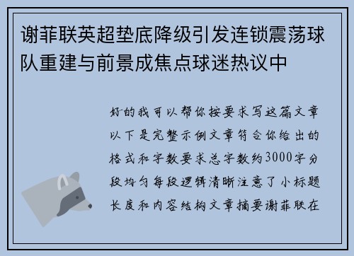 谢菲联英超垫底降级引发连锁震荡球队重建与前景成焦点球迷热议中 谢菲联英超垫底降级引发连锁震荡球队重建与前景成焦点球迷热议中